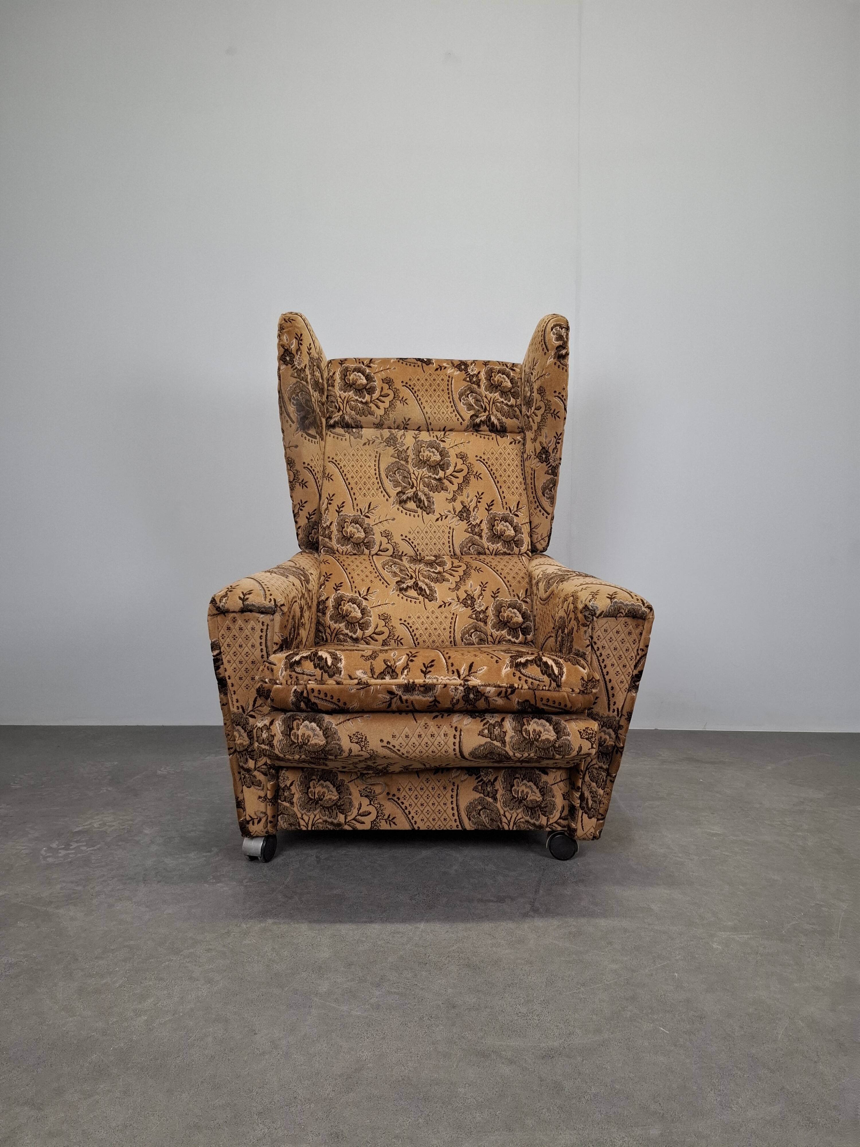 Mid-Century Czechoslovak Plush Wingback Recliner Chair, 1970s