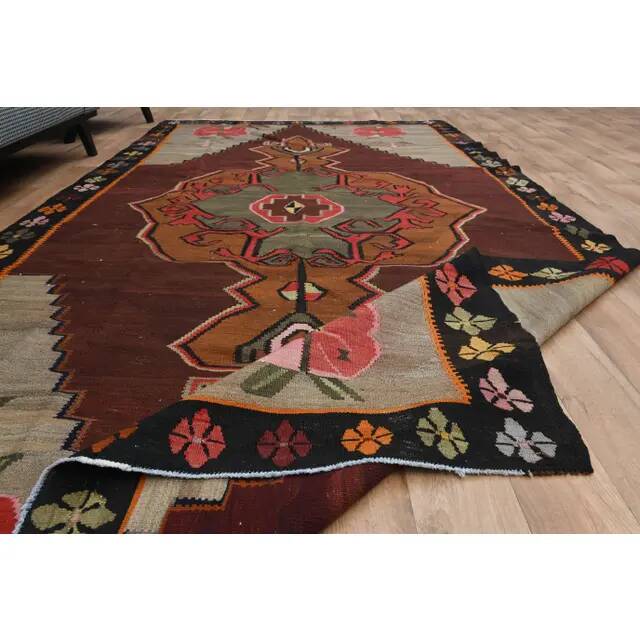 1970s Vintage Turkish Oushak Handmade Wool Cotton Brown Runner Rug  206x387
