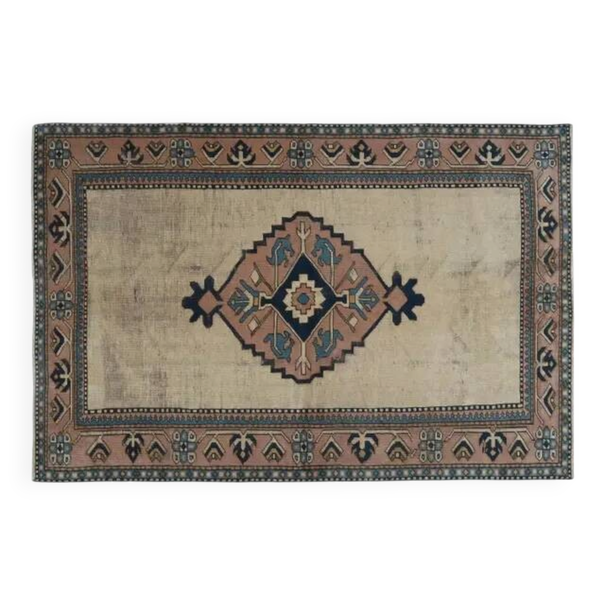1970s Vintage Turkish Handmade Wool & Cotton Beige Area Rug 158x246