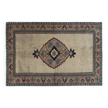1970s Vintage Turkish Handmade Wool & Cotton Beige Area Rug 158x246