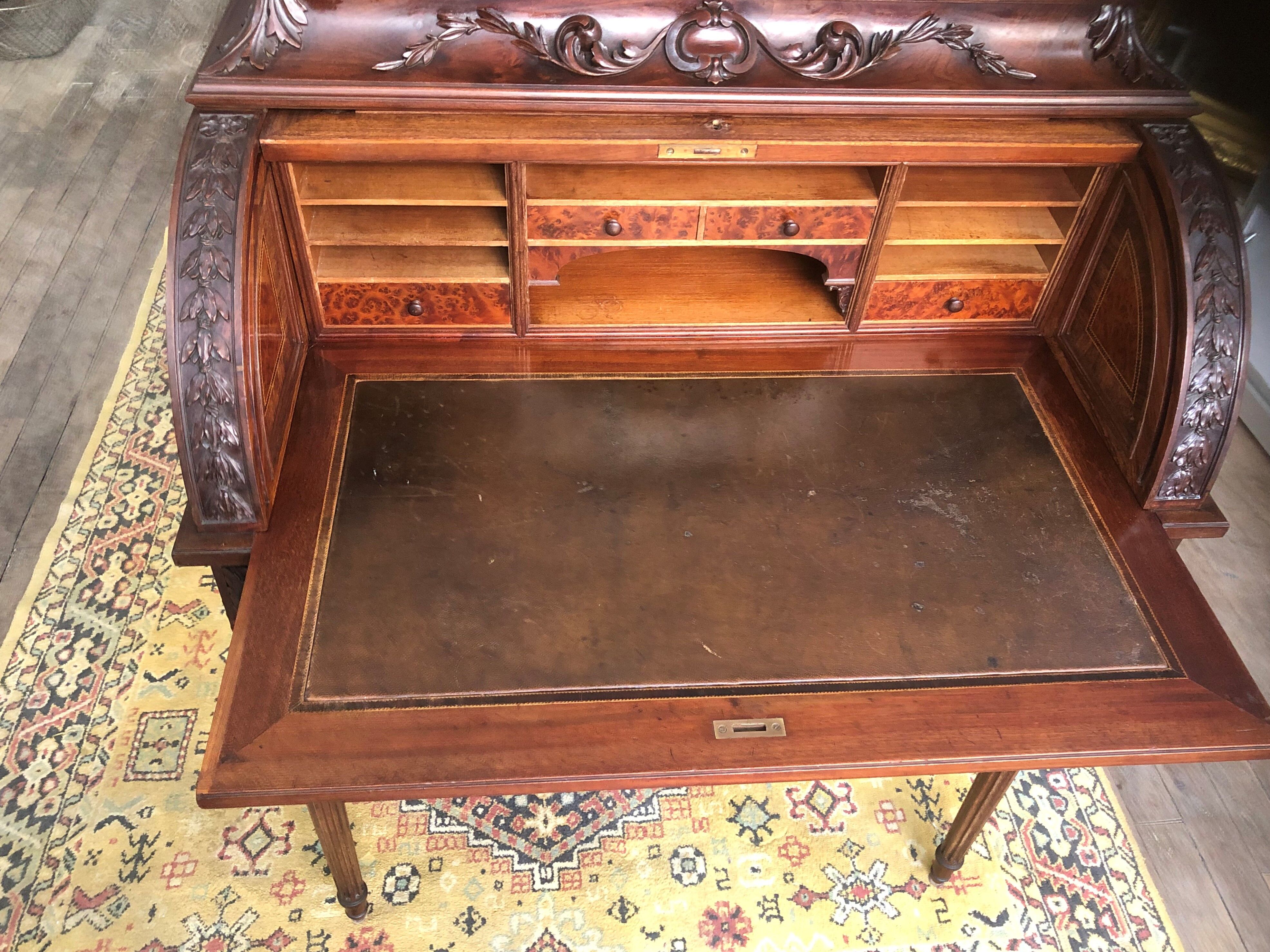 Old louis XVI style cylinder office Scriban Secretary in solid wood and marquetry