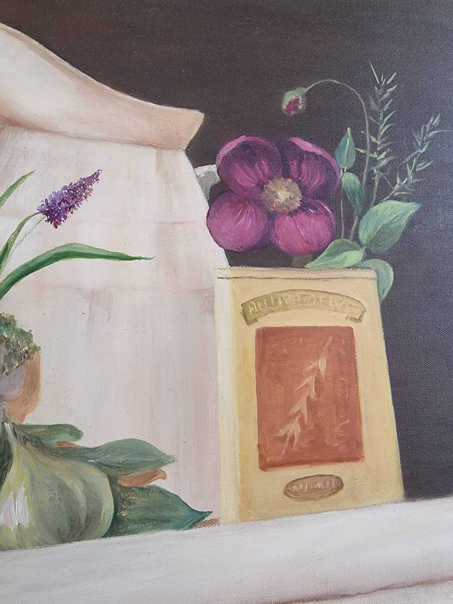 Oil painting on canvas flower and pot 100 x 50 cm
