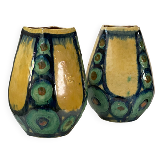 A pair of green and yellow vases