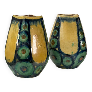 A pair of green and yellow vases
