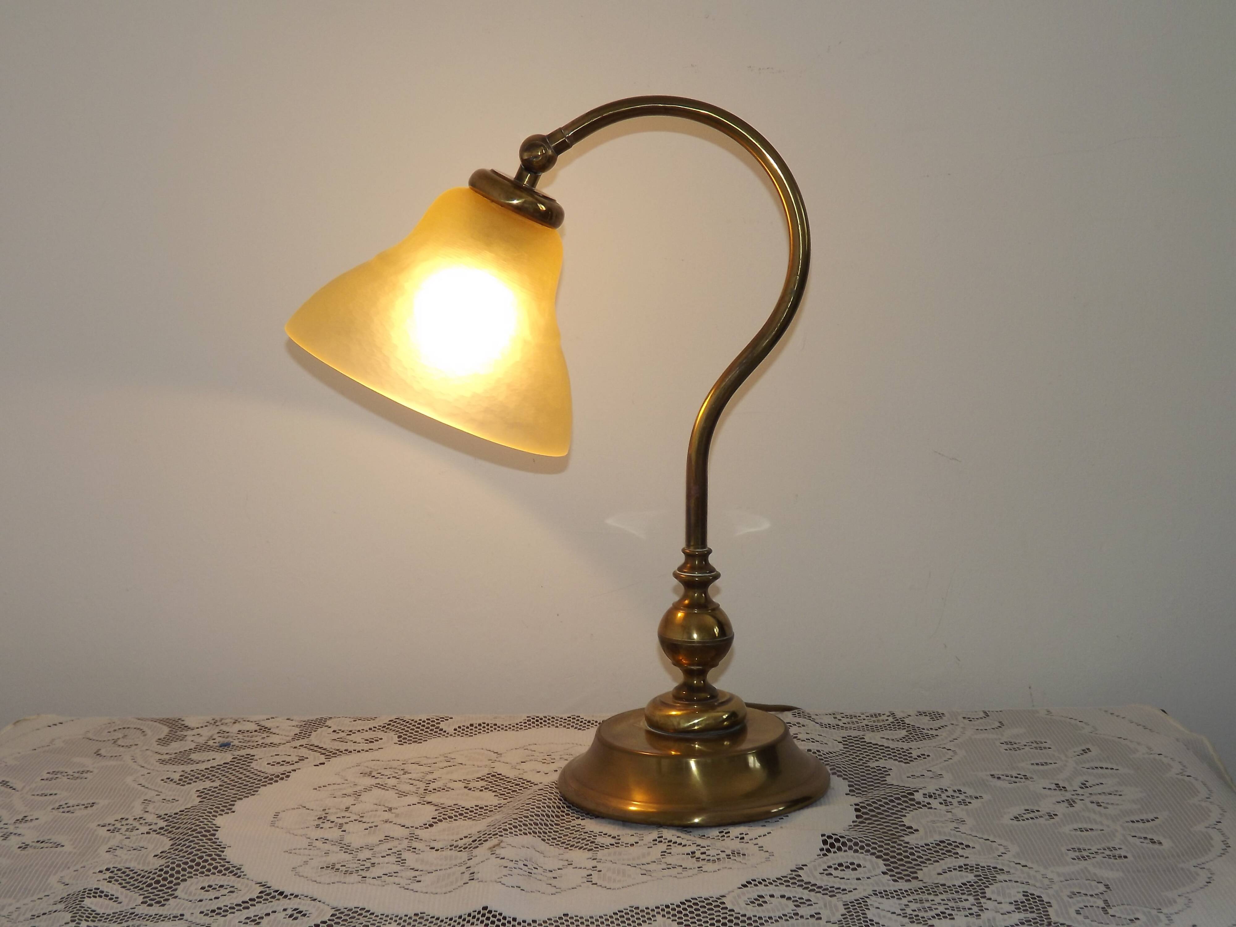 French Vintage Brass Goose Neck Table Lamp Patterned Glass Shade 5353