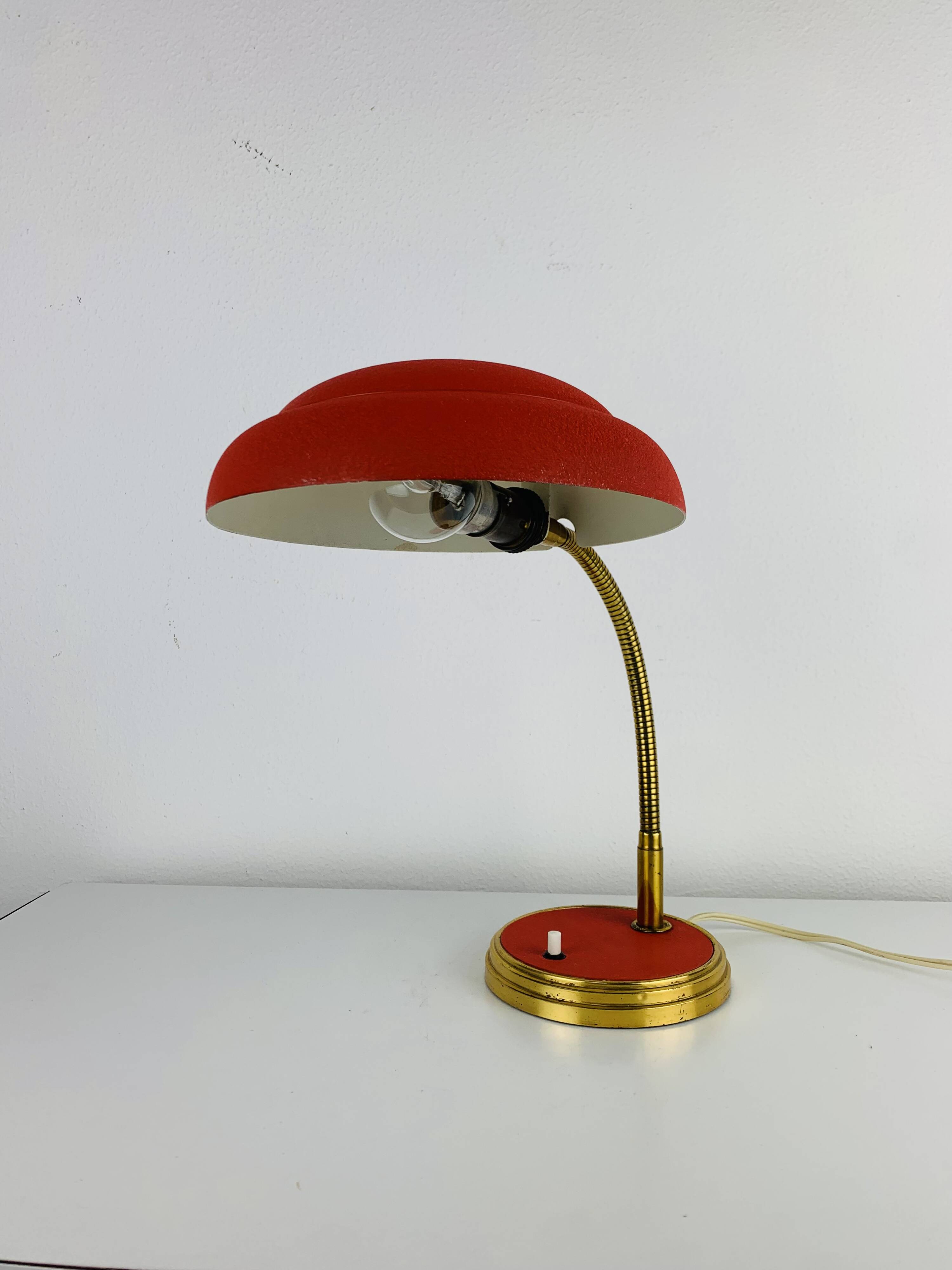 1950s desk lamp, red metal and brass