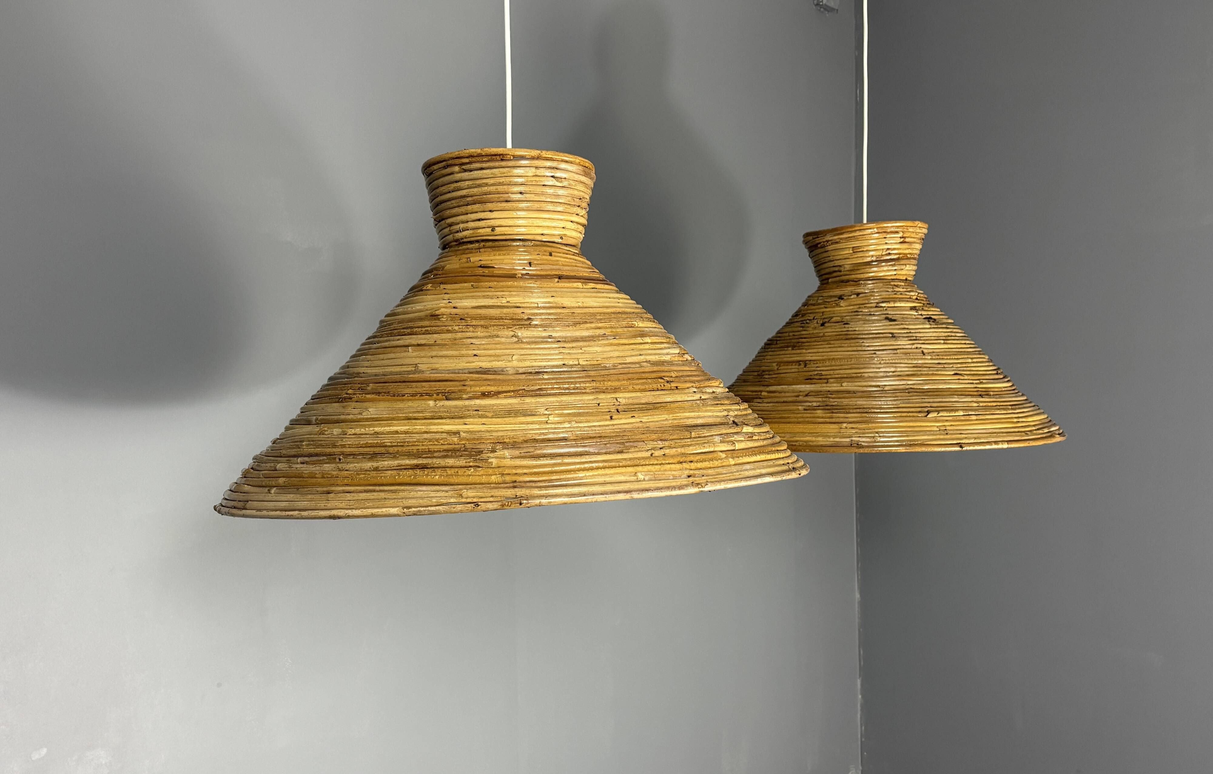 Midcentury pair pencil rattan large ( 62 cm ) pendants, Italy 1970s