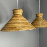 Midcentury pair pencil rattan large ( 62 cm ) pendants, Italy 1970s