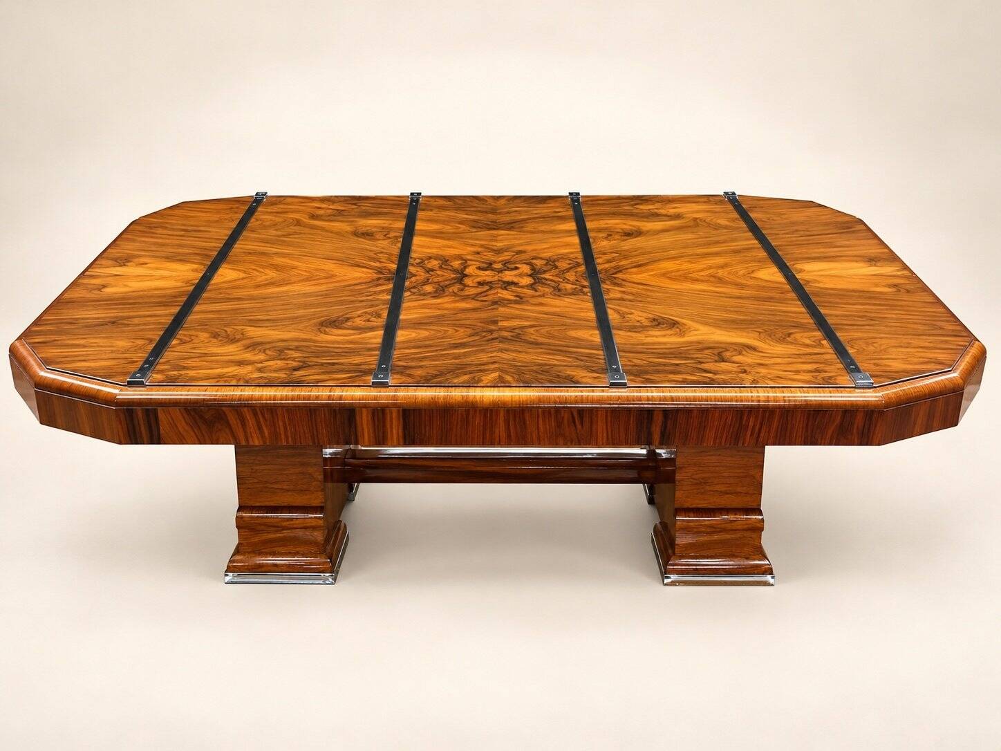 Table extensible Art Déco – Placage ronce de noyer & métal chromé – Années