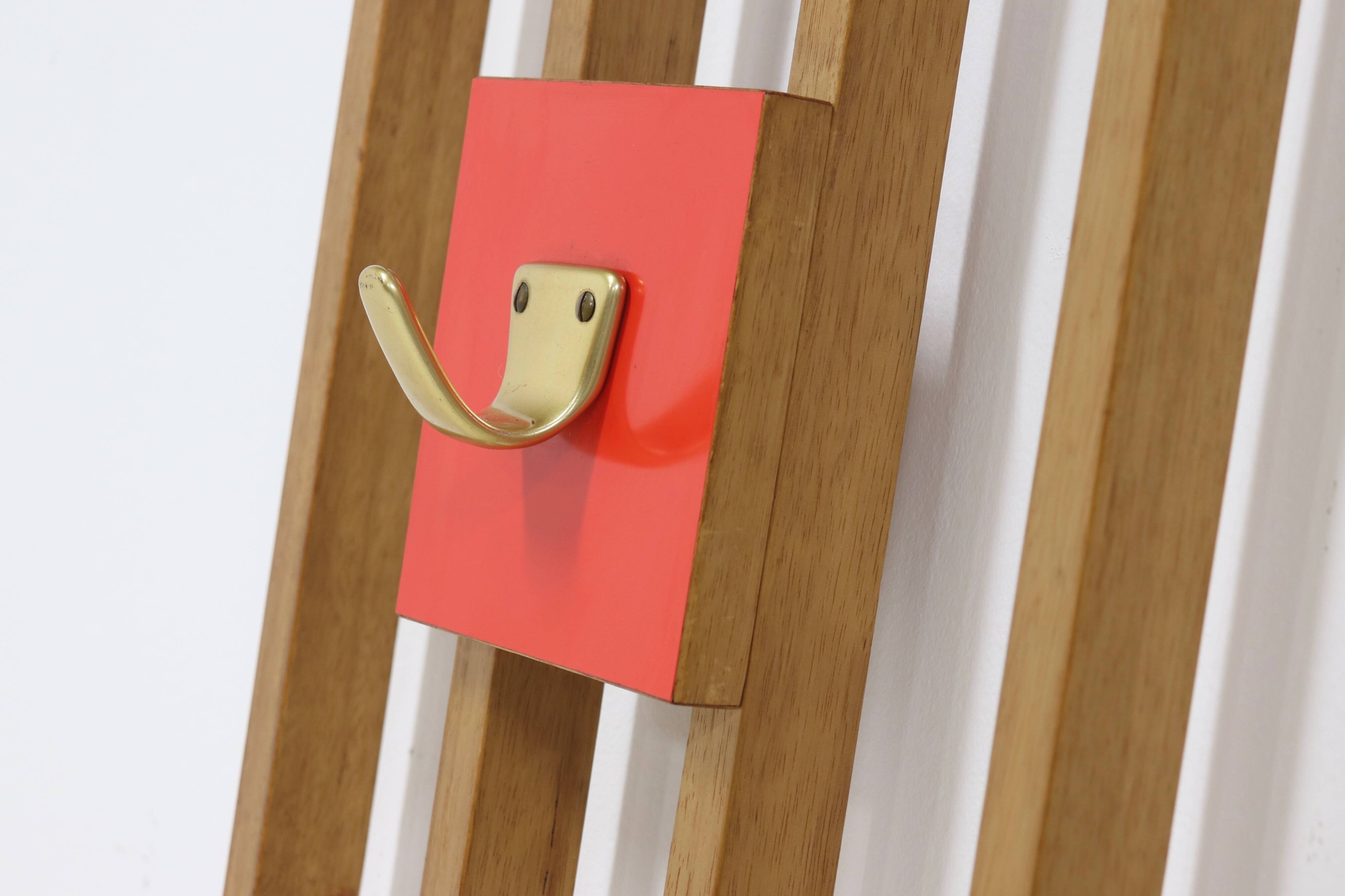 Large Wall Mounted Slatted Coat Rack 1960s