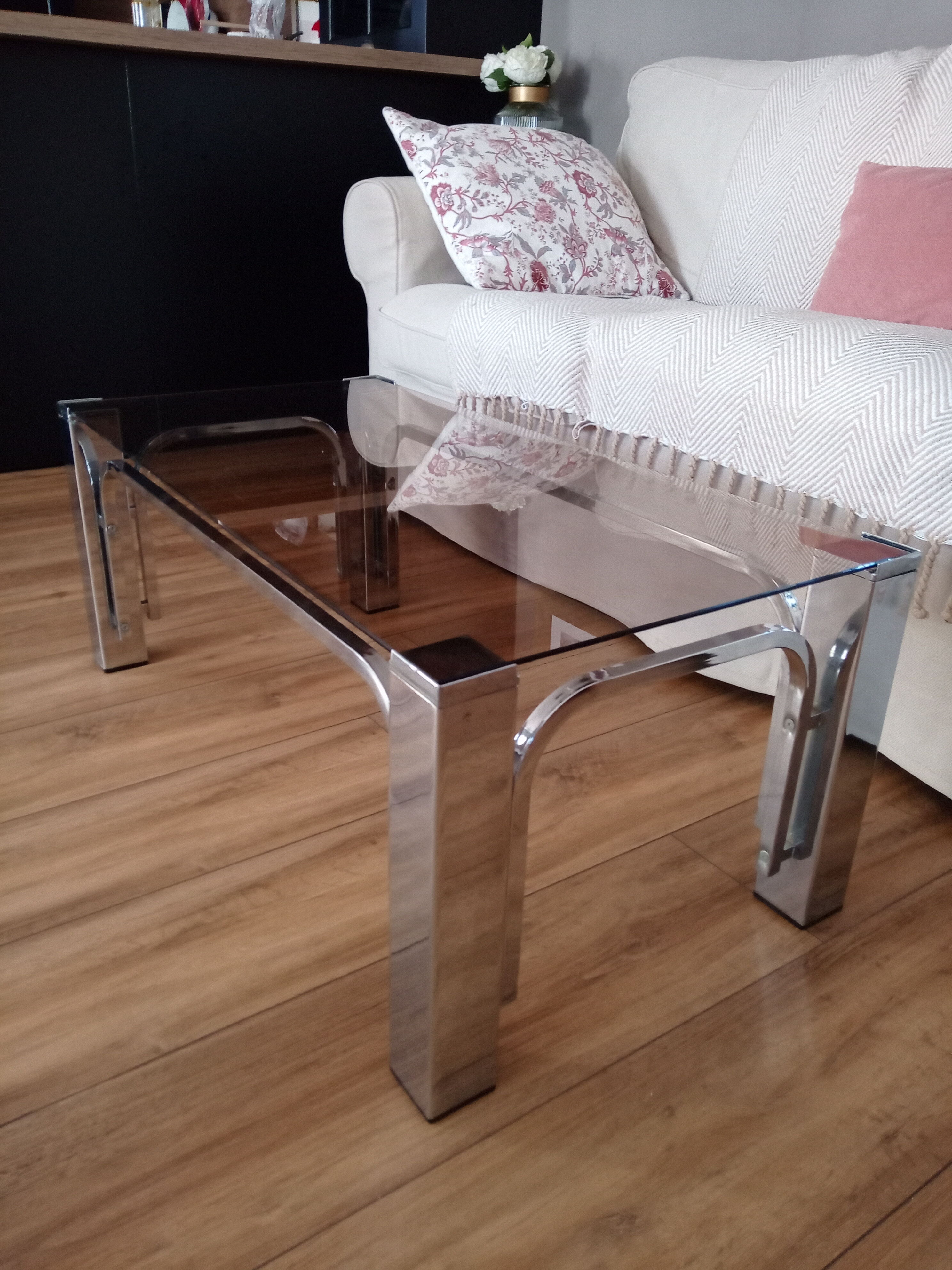 Vintage 70s lounge coffee table chrome-plated base and smoky glass tray