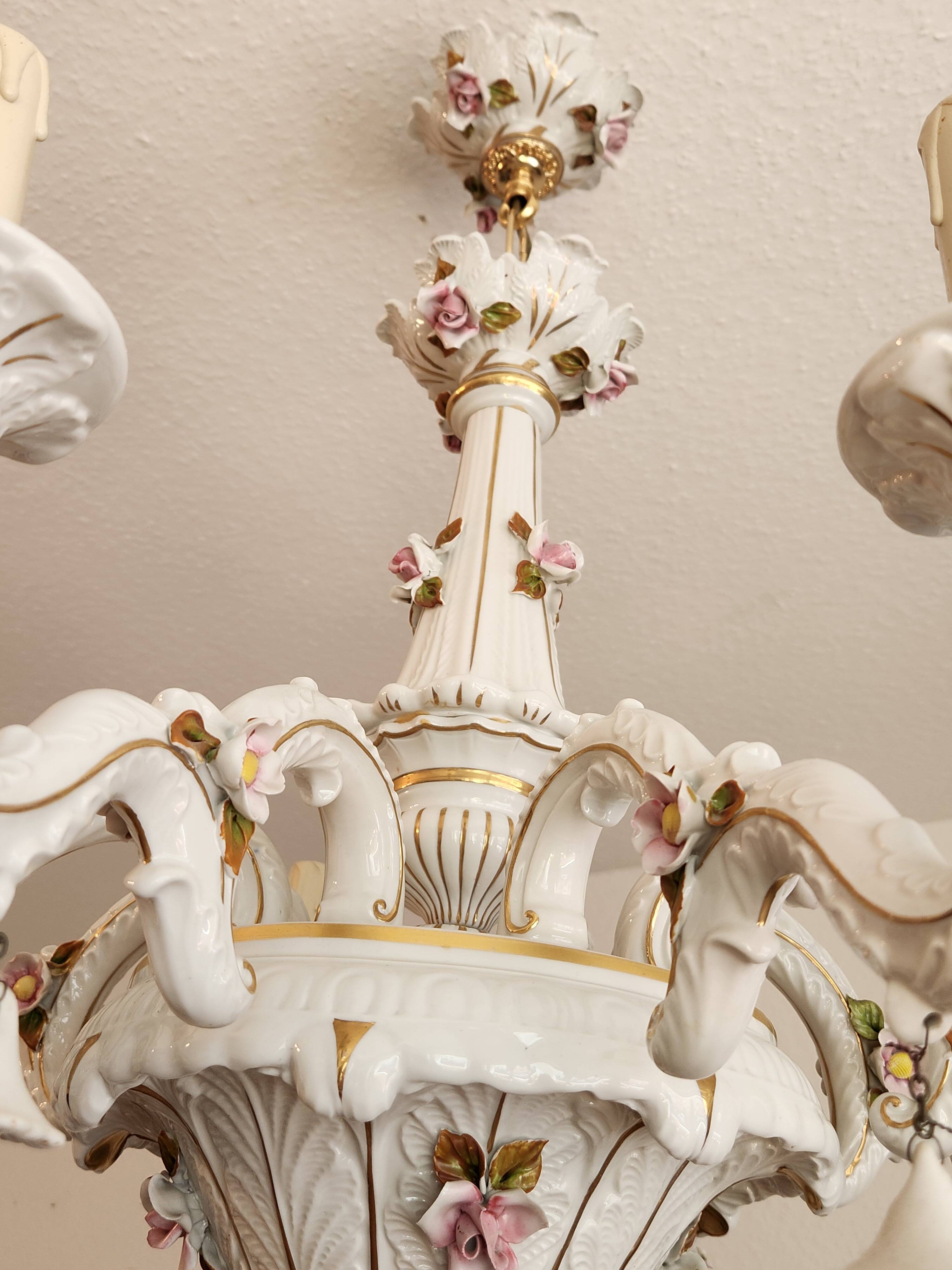 Large hand-painted gilded chandelier mangani ceramiche porcelain