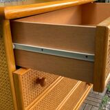 Chest of drawers and bedside table in rattan cane and oak, vintage 1970s