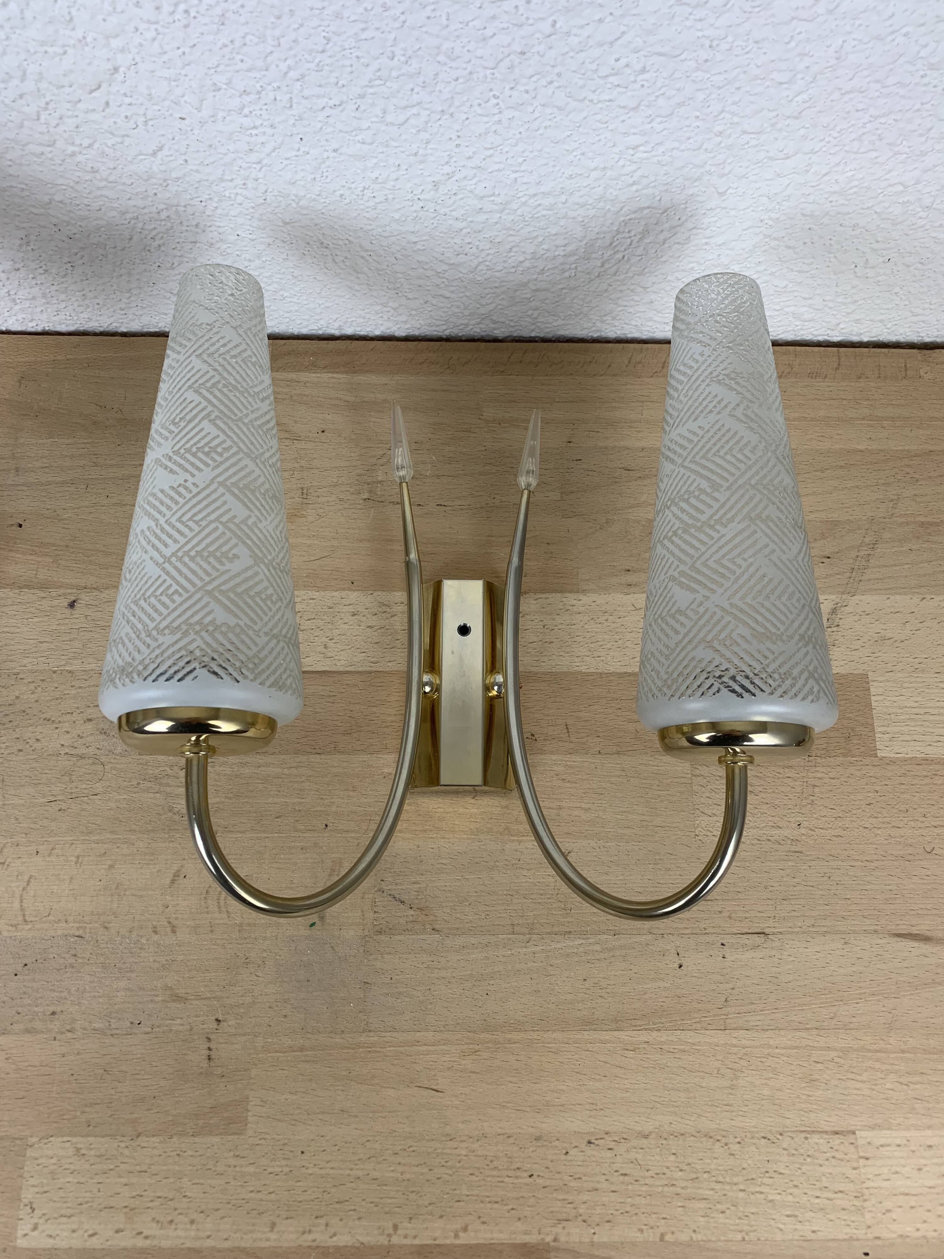Pair of brass and opaline wall lamps 50s