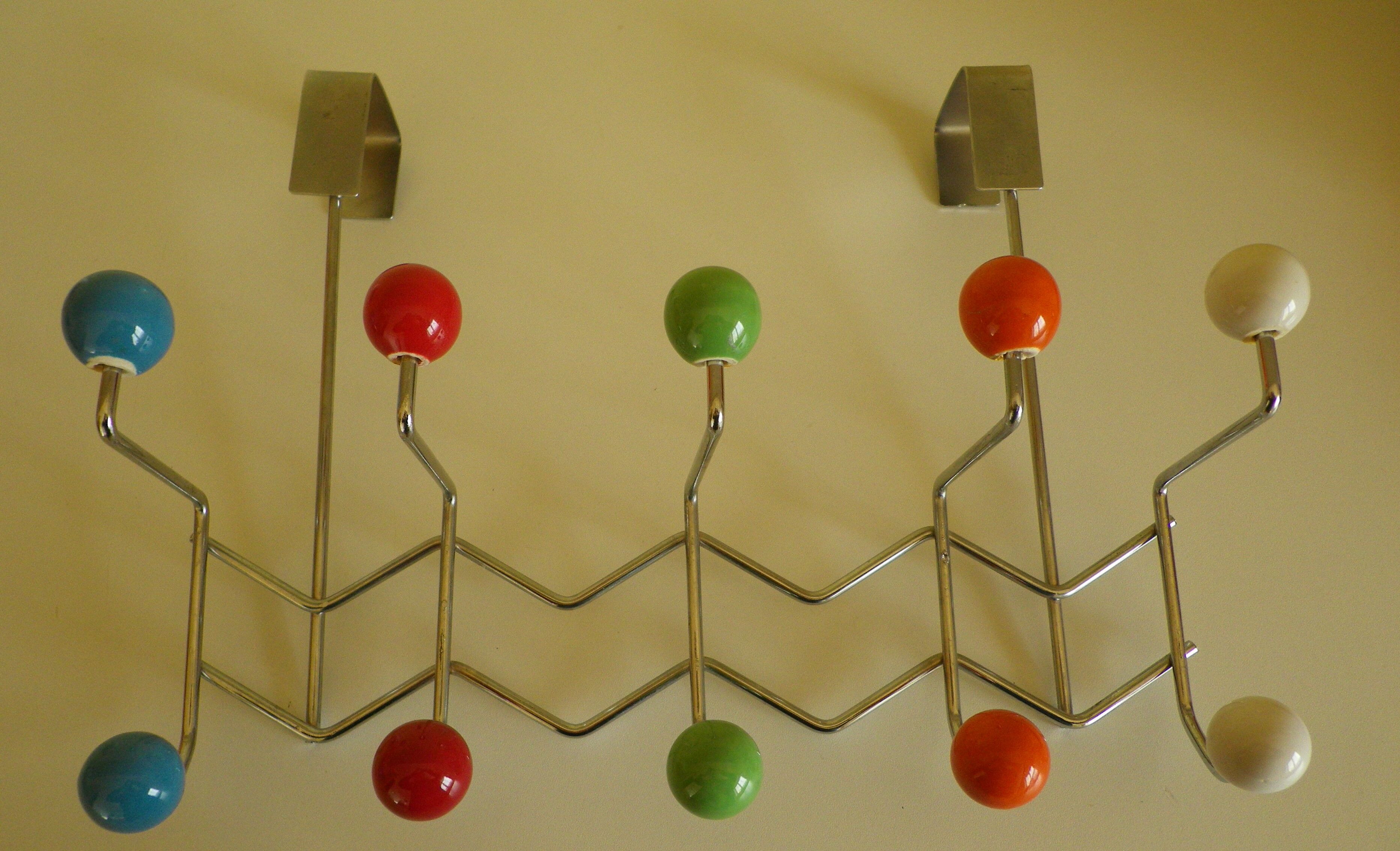 Door hook with 10 hooks-balls, metal and wood, 70s