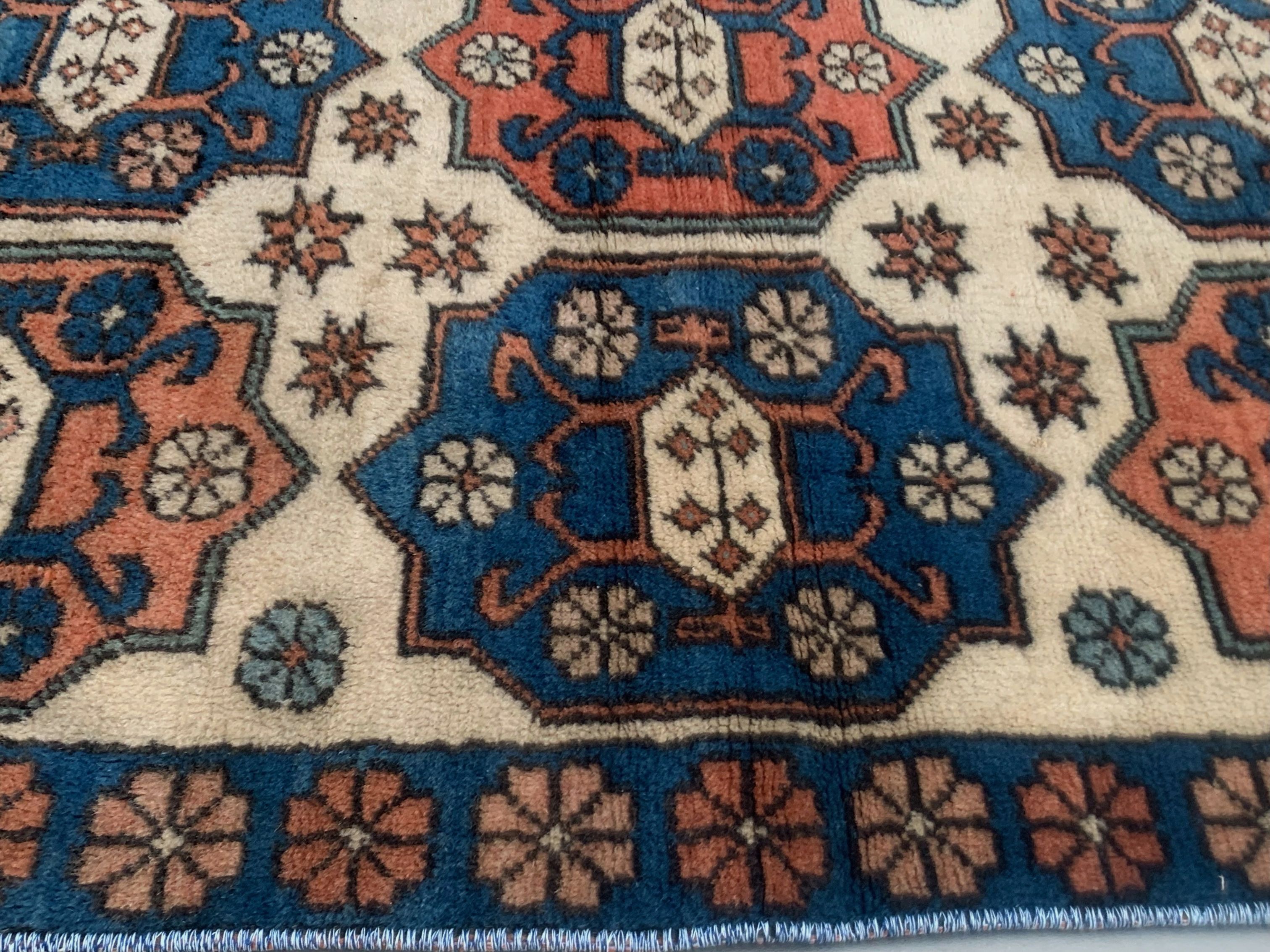 Vintage Turkish Kazak Rug Oriental 135x81 cm Tribal Small Carpet, Red and Blue