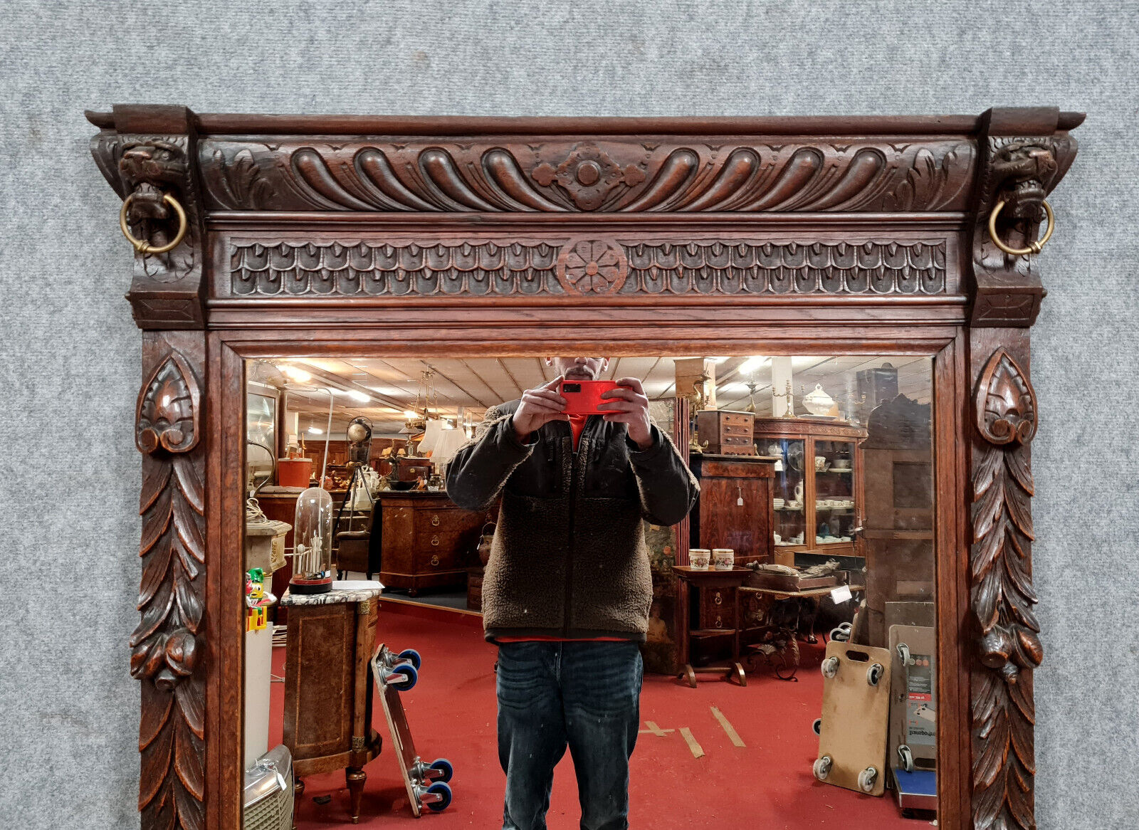 Renaissance mirror in solid oak with brown patina circa 1850, 165x97 cm
