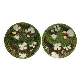 2 slip plates - late 19th century - green strawberry flowers -