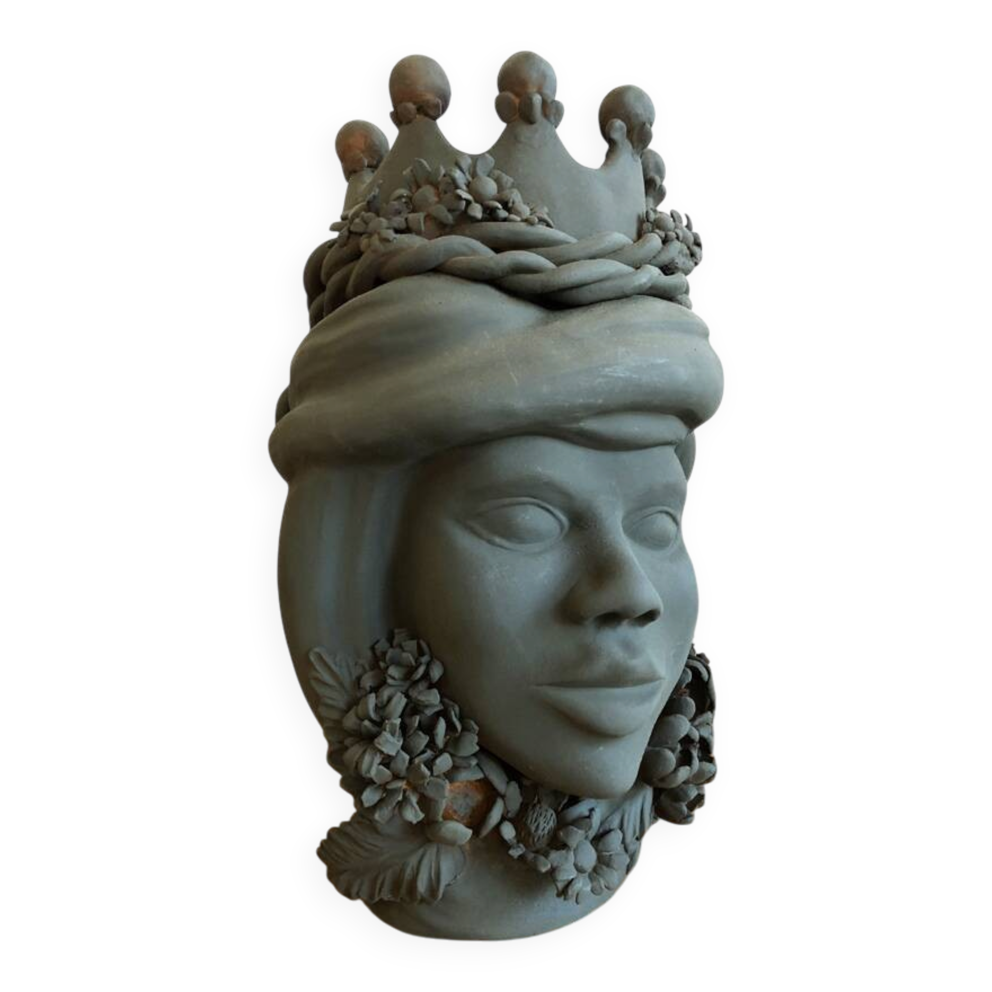 Large crowned ceramic head by Stefania Boemi – Sicily, 44 cm