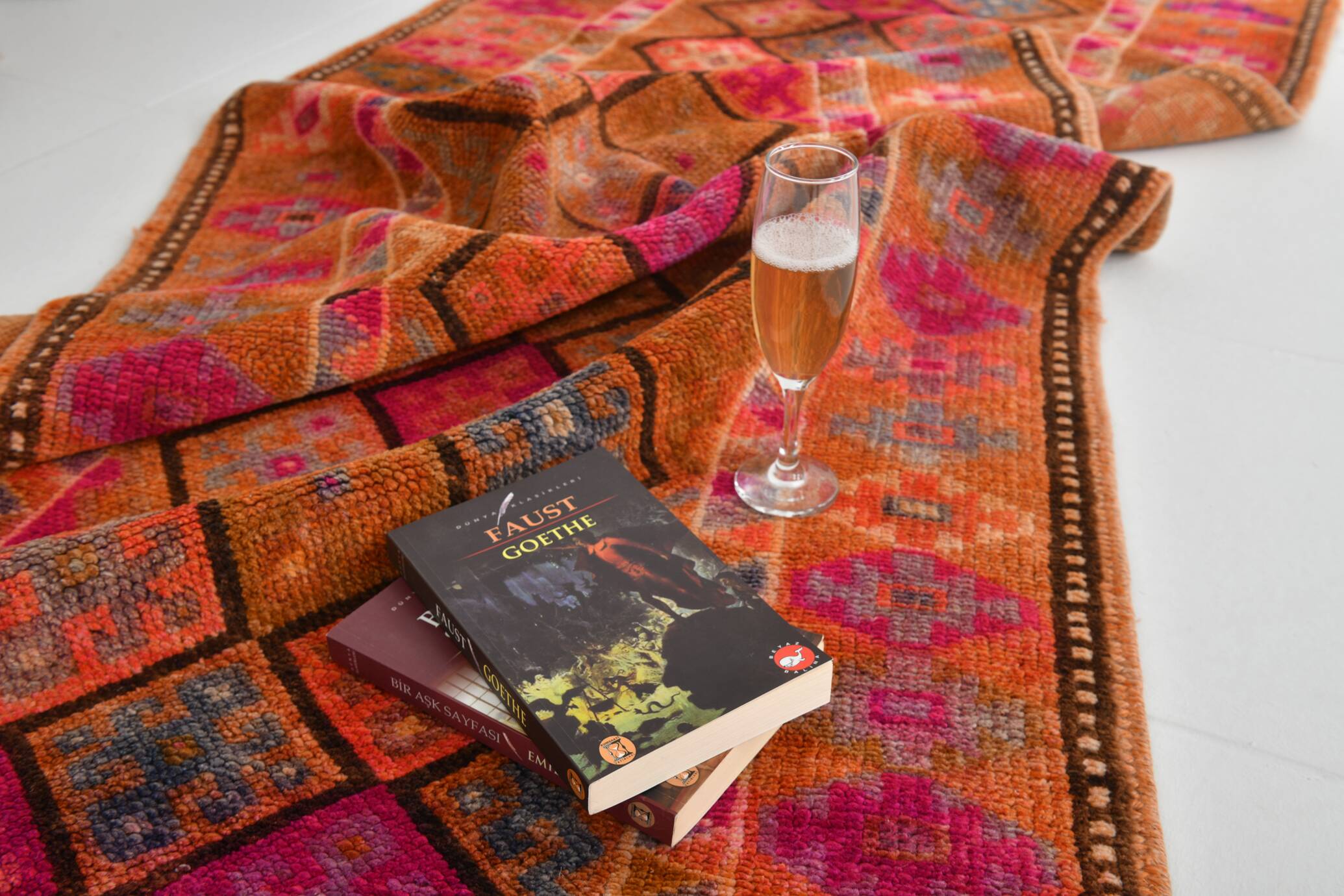 Long Tapis Couloir Vintage Orange et Fuchsia à Motifs Géométriques,91x278Cm