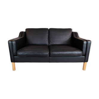 Black leather double sofa with oak feet by Stouby Møbler