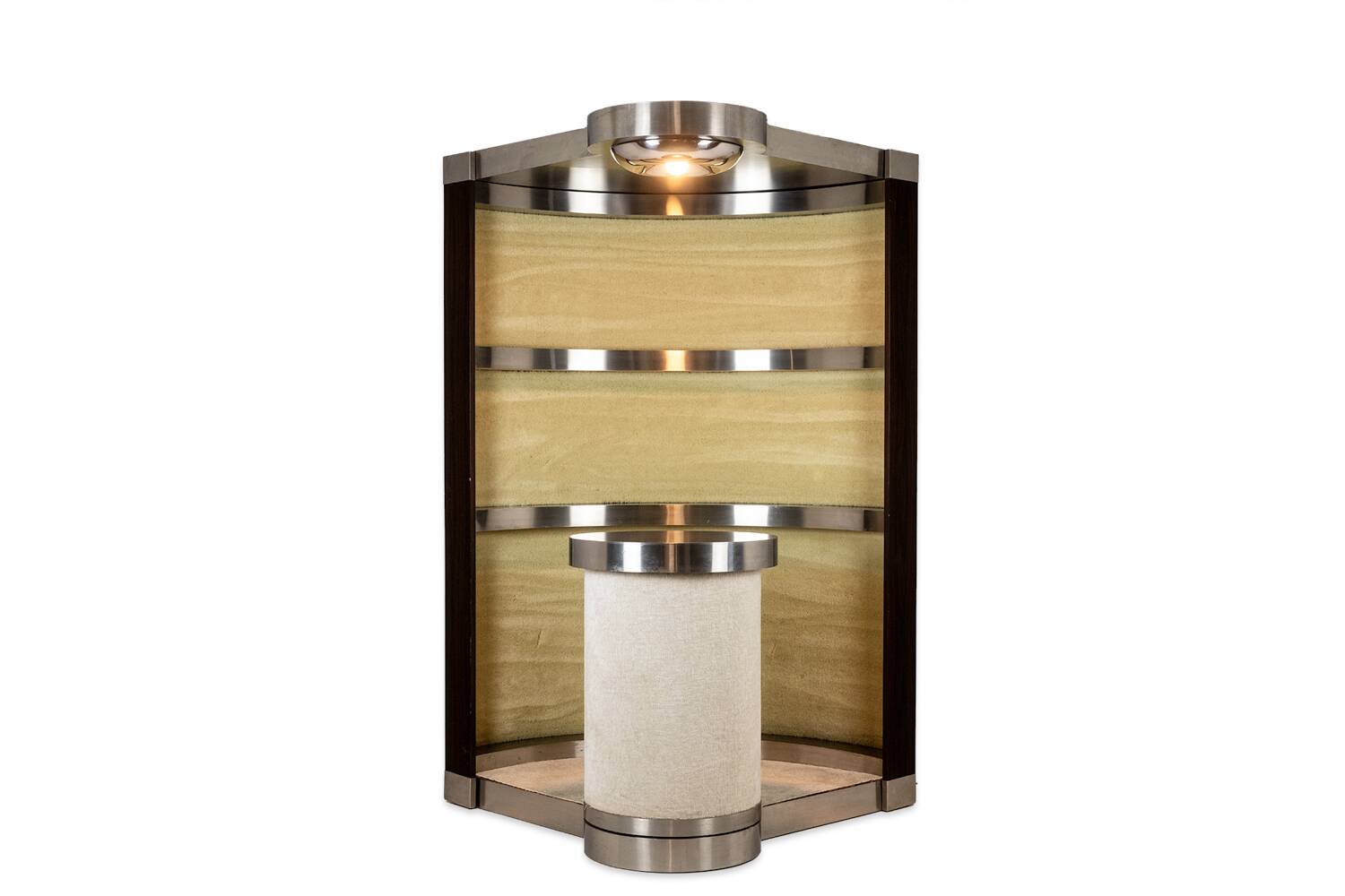 Circular bar in brushed metal, wood and carpet. 1970s.