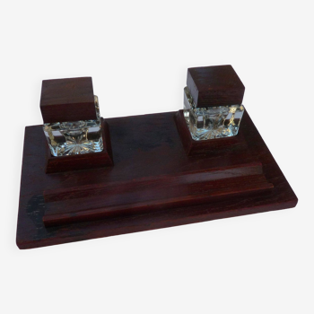 Wooden writing set including two glass inkwells, circa 1950