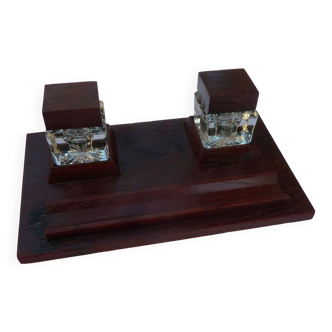 Wooden writing set including two glass inkwells, circa 1950
