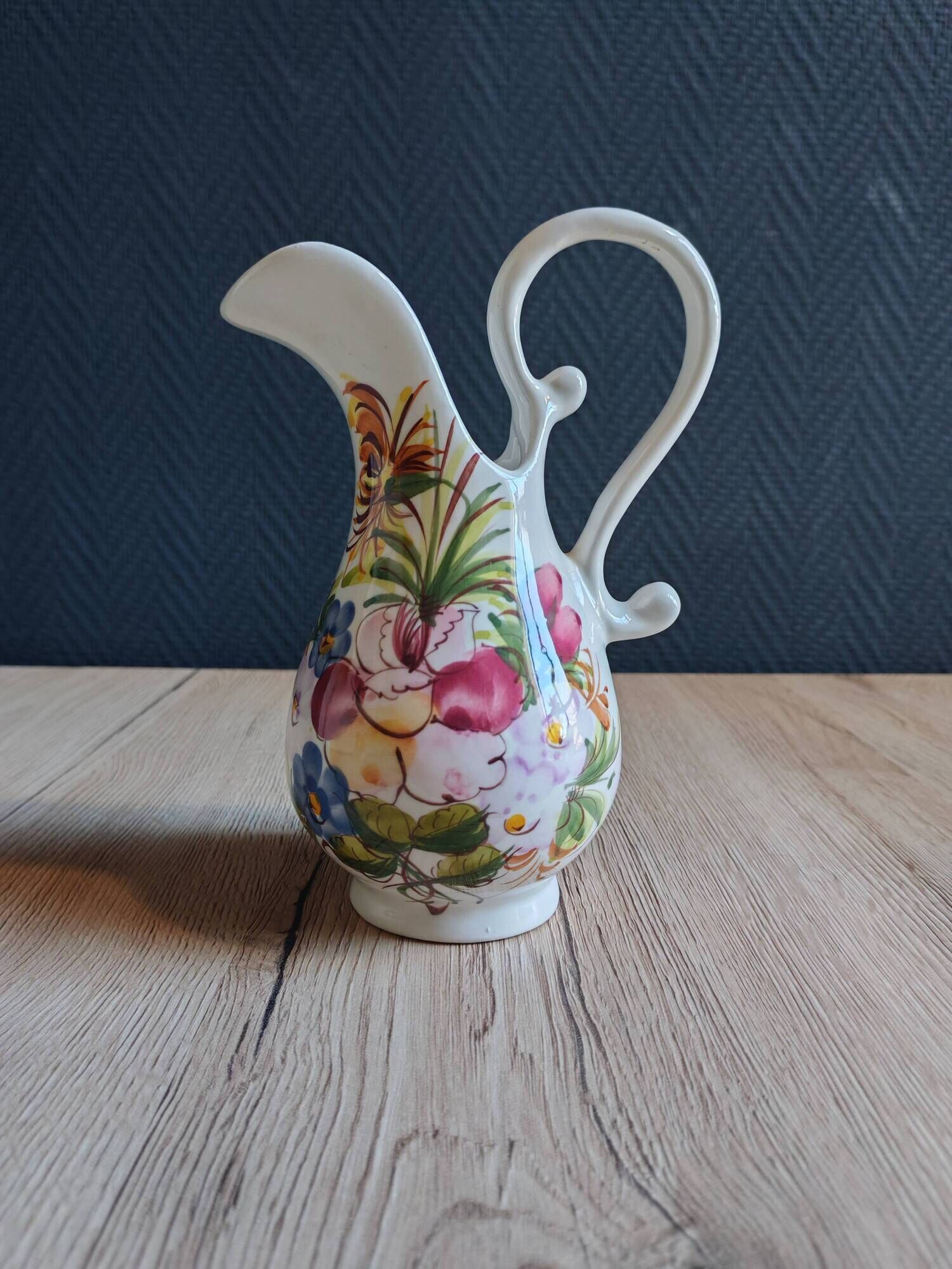 Vintage Ceramic Jug Hand-Painted Multicoloured Floral Decor, Ewer