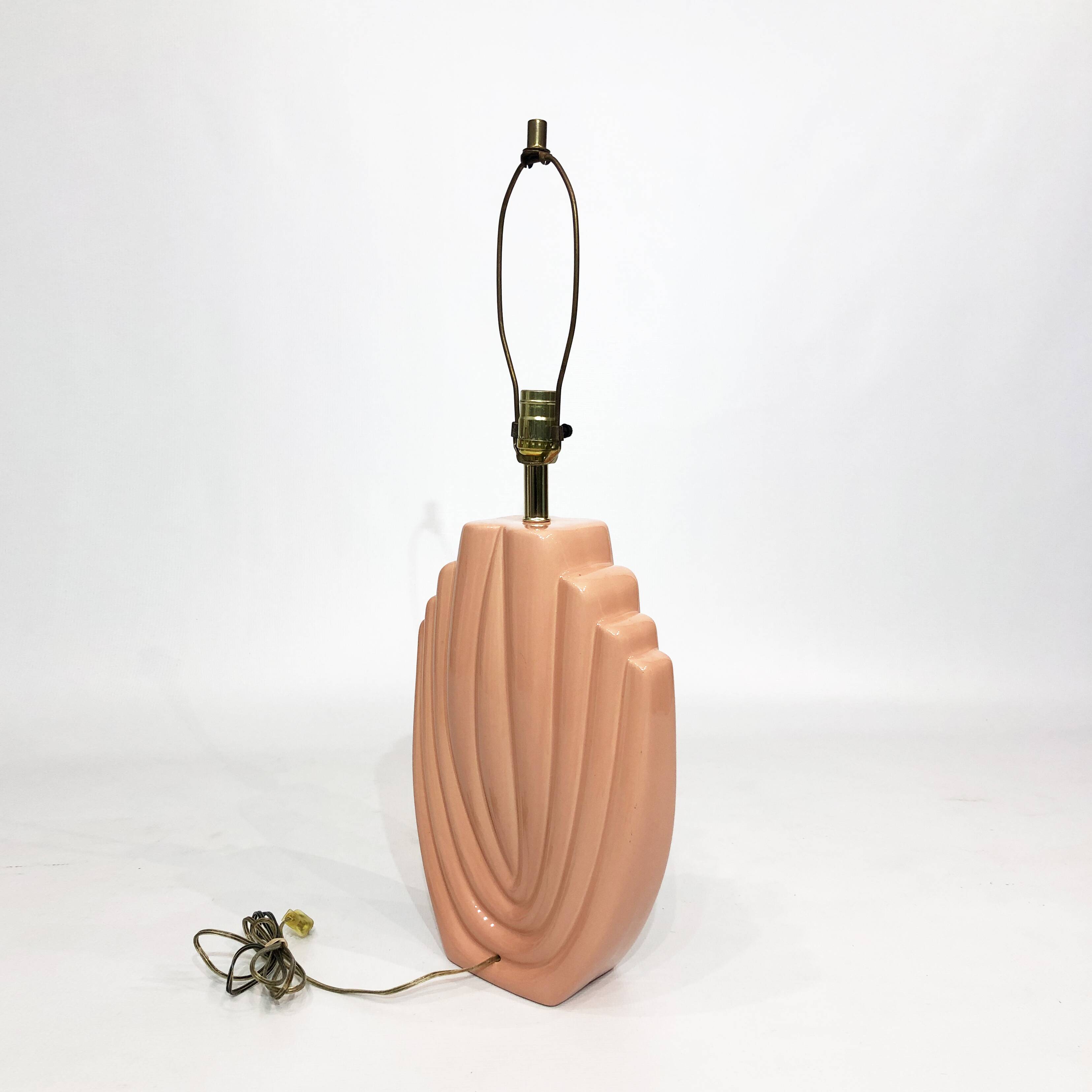 1980s salmon pink ceramic table lamp art deco pastel midcentury golden girls