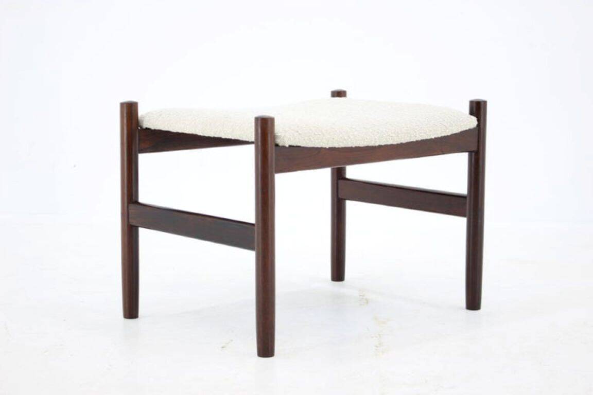 1960s Mid-Century Danish Modern Refurbished Wood Stool in White Bouclé