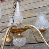 Ceiling chandelier with 5 tulip branches, diamond tip, brass style, 1950s