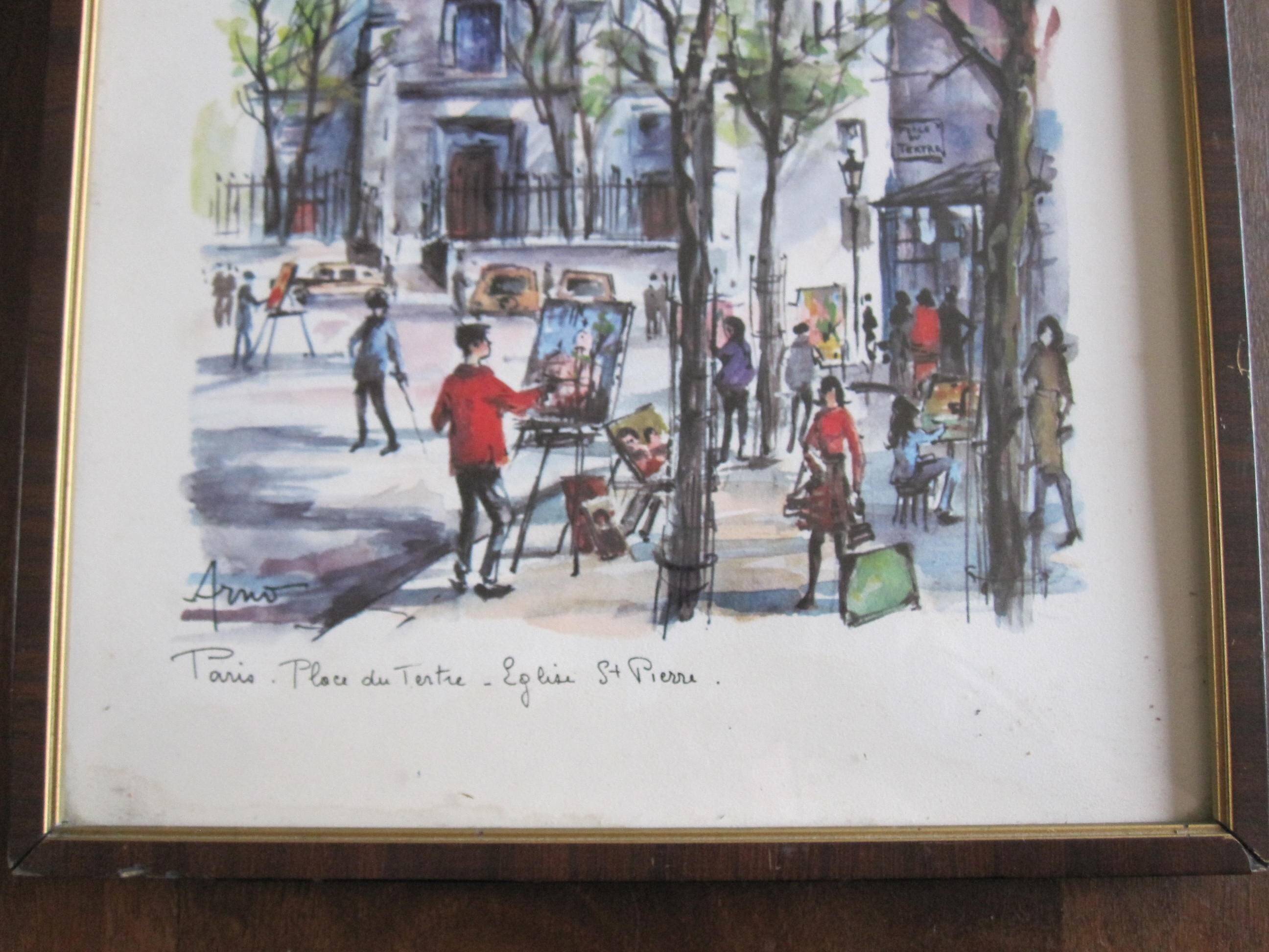 Watercolor “Paris Place du Tertre - St Pierre Church” by Arno, 1960