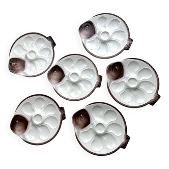 6 assiettes à huîtres peintes à la main 'Copenhague' par Longwy France