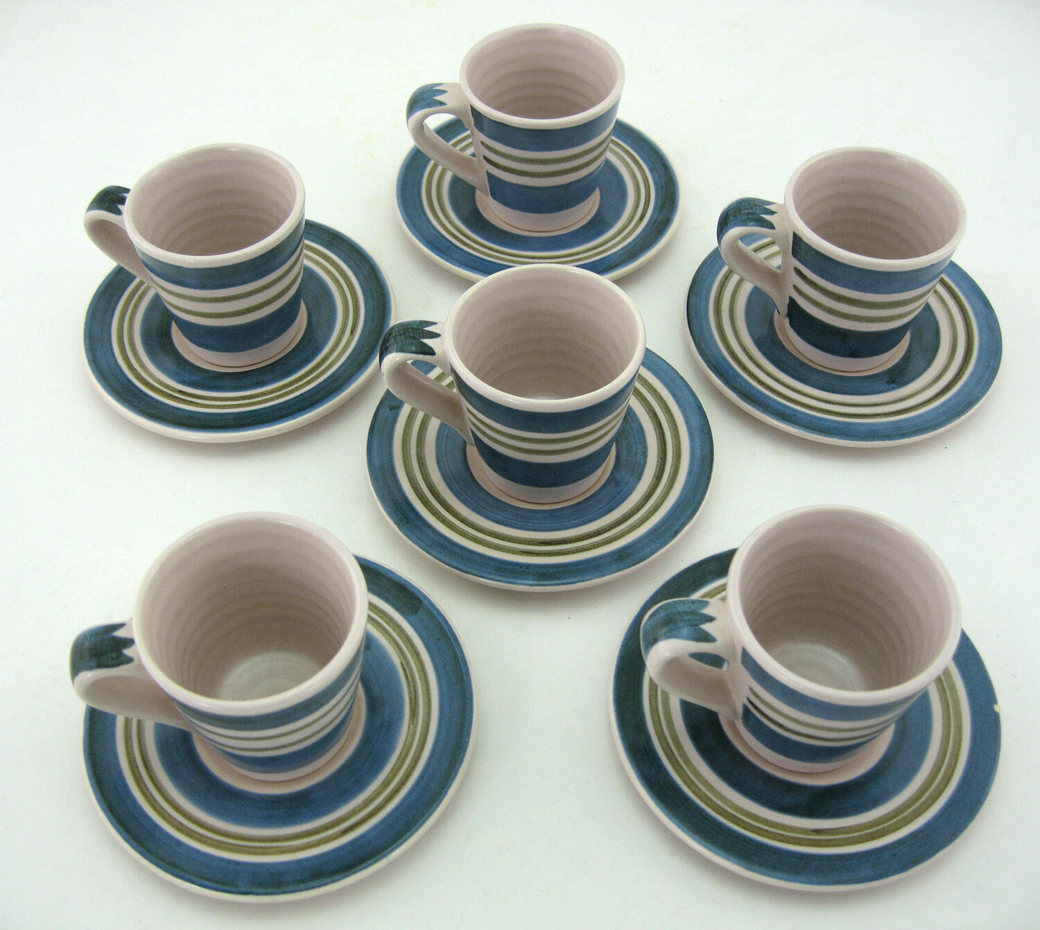 6 coffee cups - enamelled ceramic saucers