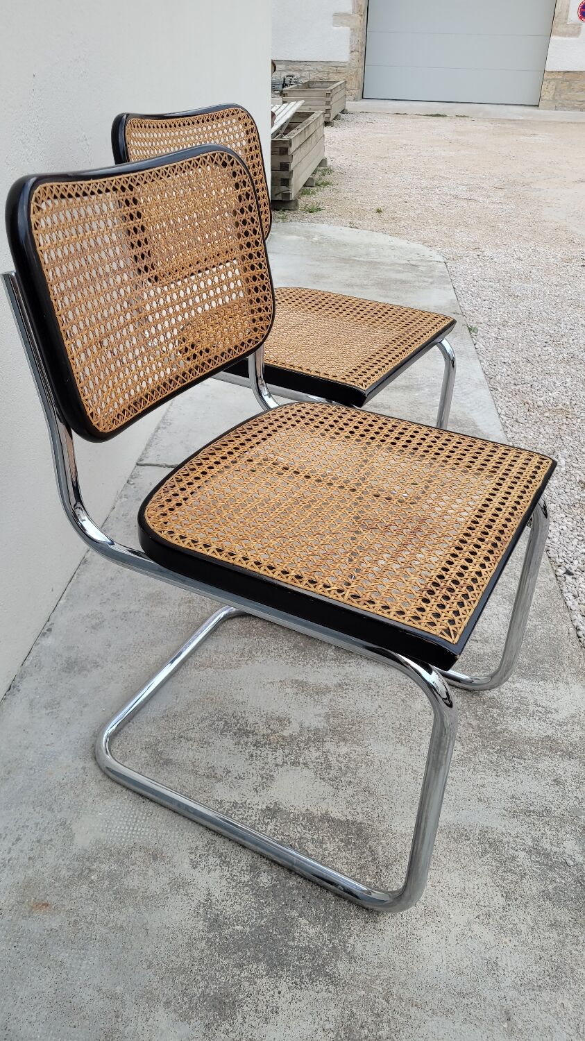 Pair of chairs by Marcel Breuer in black canework model B32 signed Italy