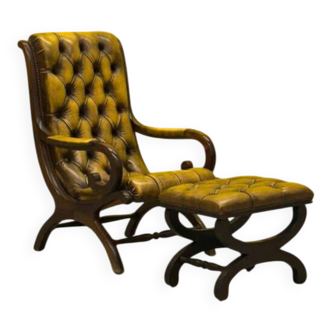 Original English Chesterfield Wingback Chair & Matching Footstool