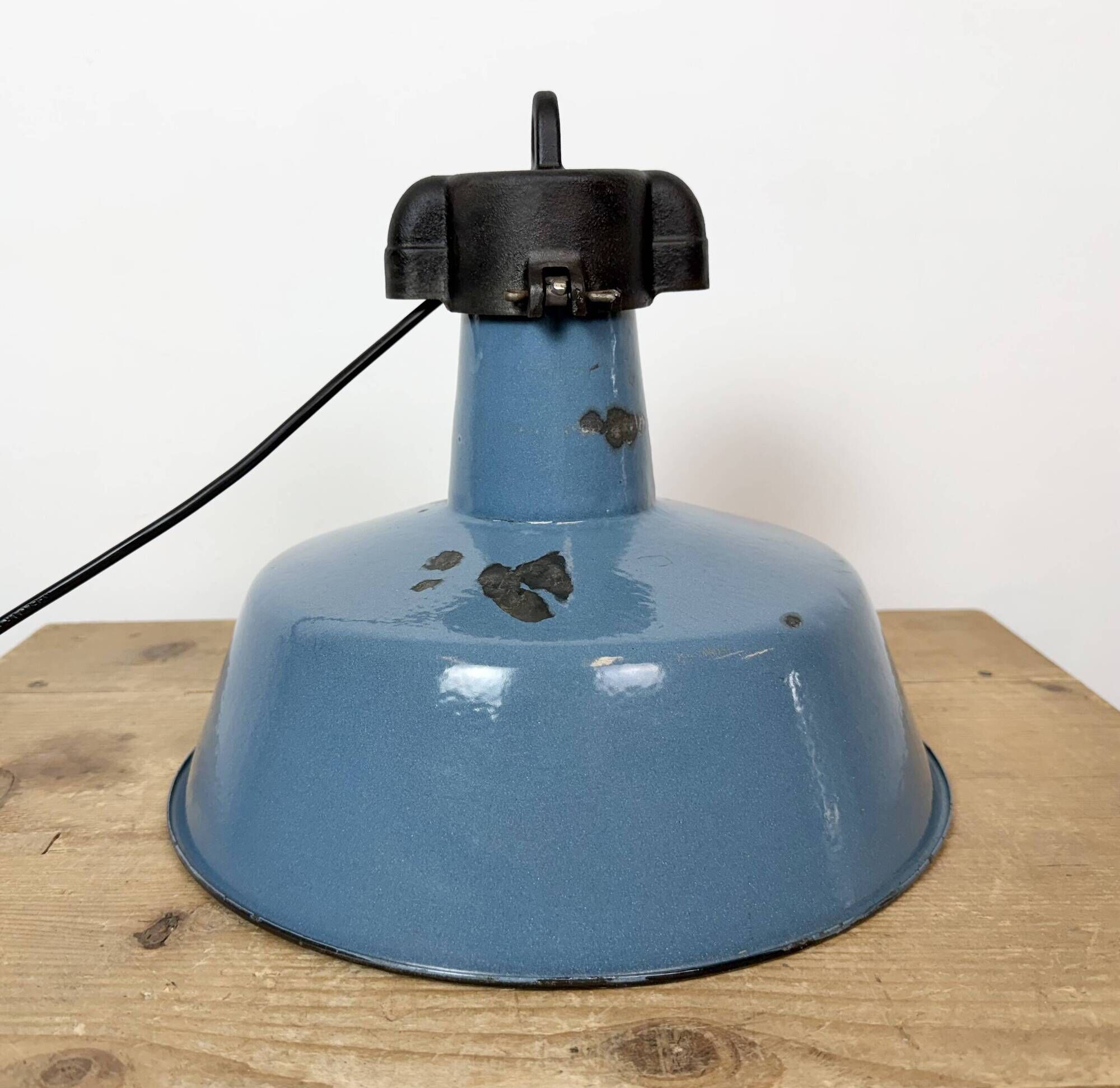Industrial Blue Enamel Factory Lamp with Cast Iron Top, 1960s