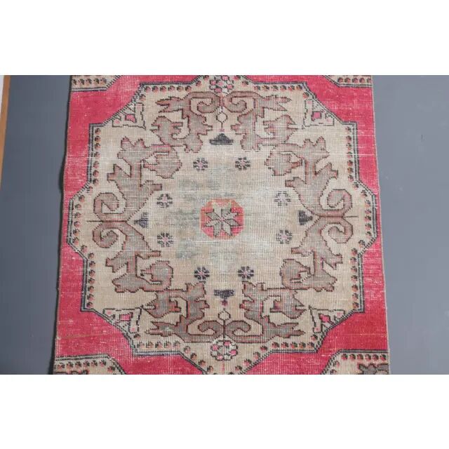 Vintage Turkish Hand-Knotted Wool Cotton Pink Runner Rug 105x228