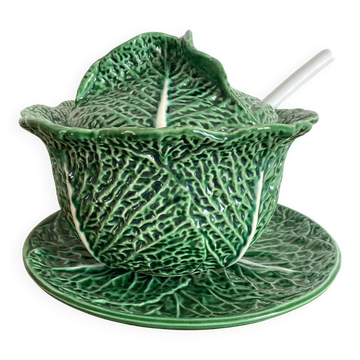 Large soup tureen in earthenware with a cabbage design, along with a dish and spoon.