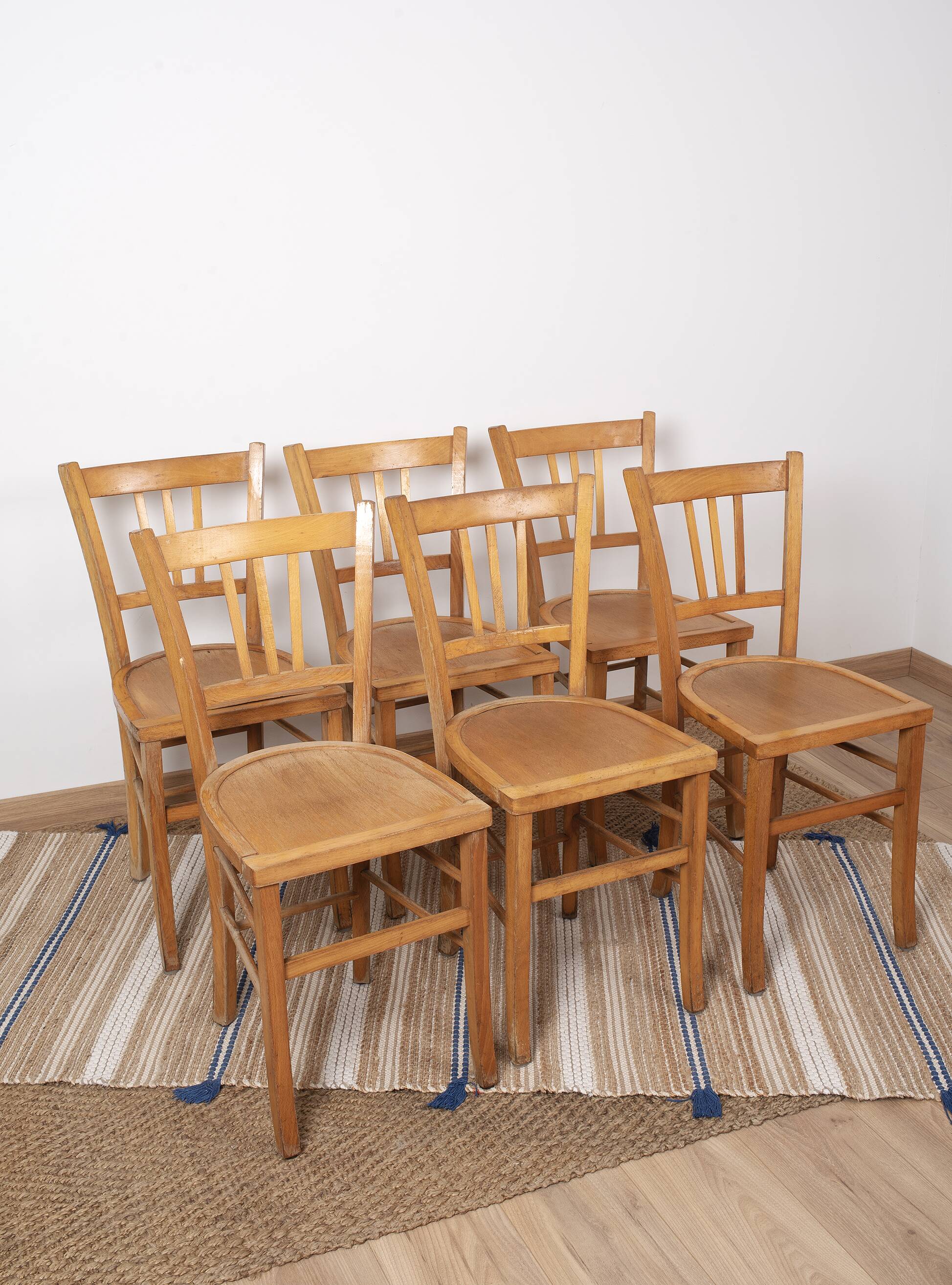6 bistro chairs, blond wood, typical Luterma brand, 1950s-60s