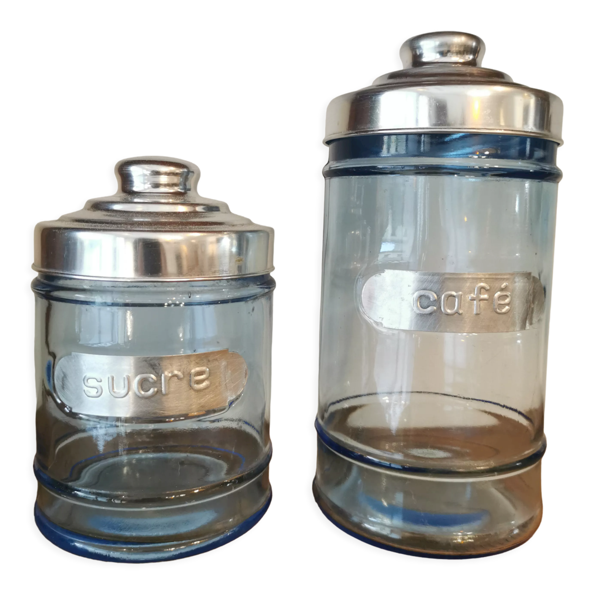 Coffee and sugar jars in blue glass and aluminum