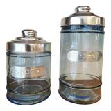 Coffee and sugar jars in blue glass and aluminum