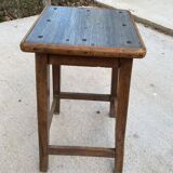 High workshop stool in dark wood and grey blue linoleum 60cm