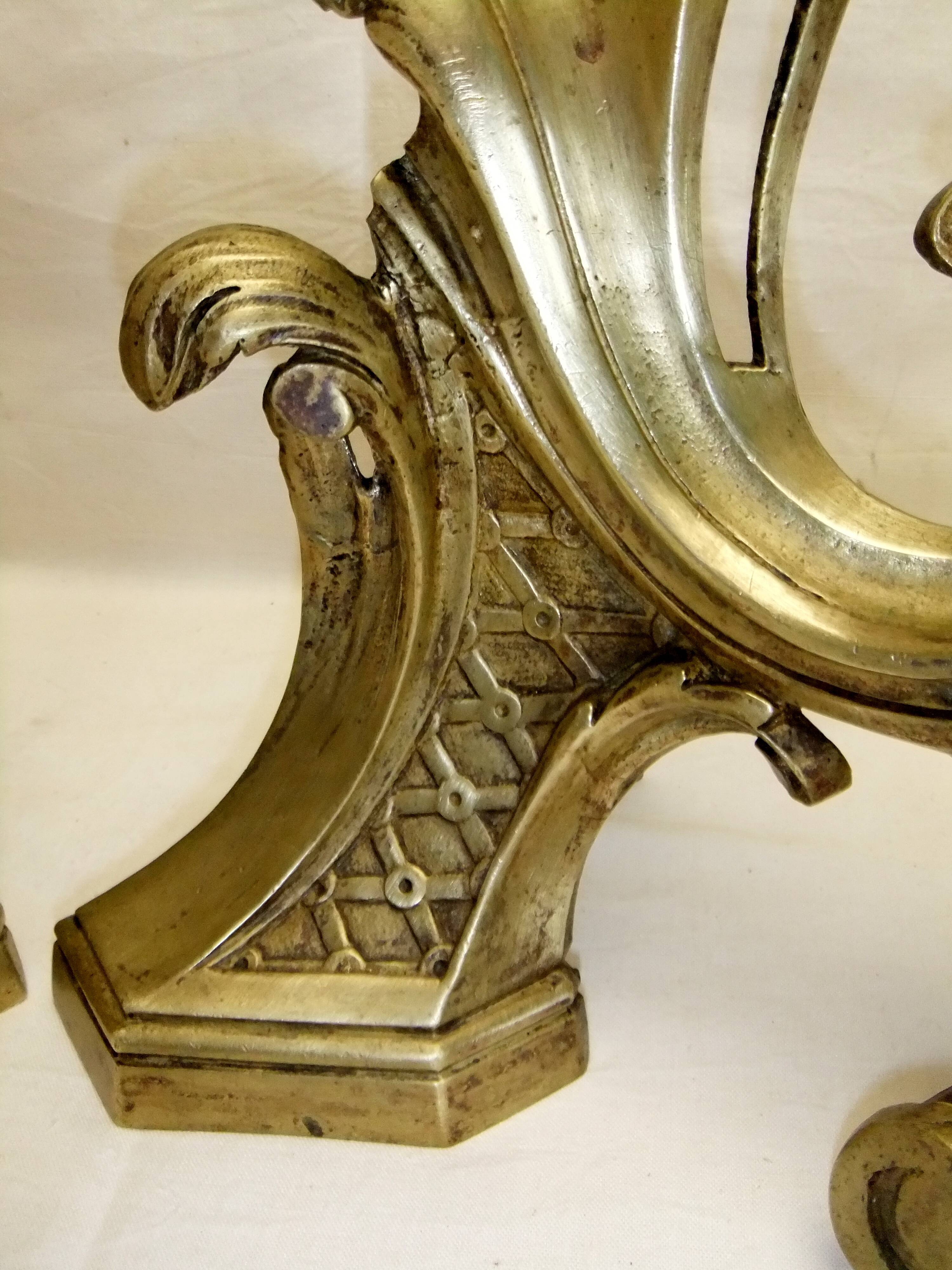 Old bronze andiron pair XVIII decor leaf accessory fireplace trim