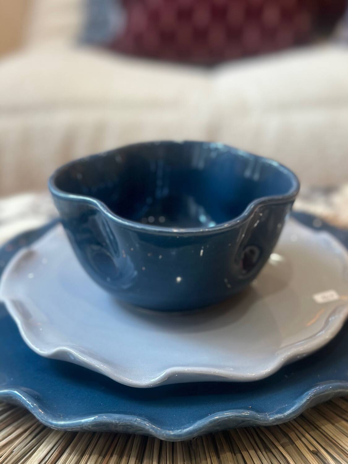 Handmade enameled ceramic bowl, pop clover flower, petrol blue