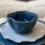 Handmade enameled ceramic bowl, pop clover flower, petrol blue