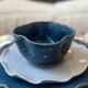 Handmade enameled ceramic bowl, pop clover flower, petrol blue