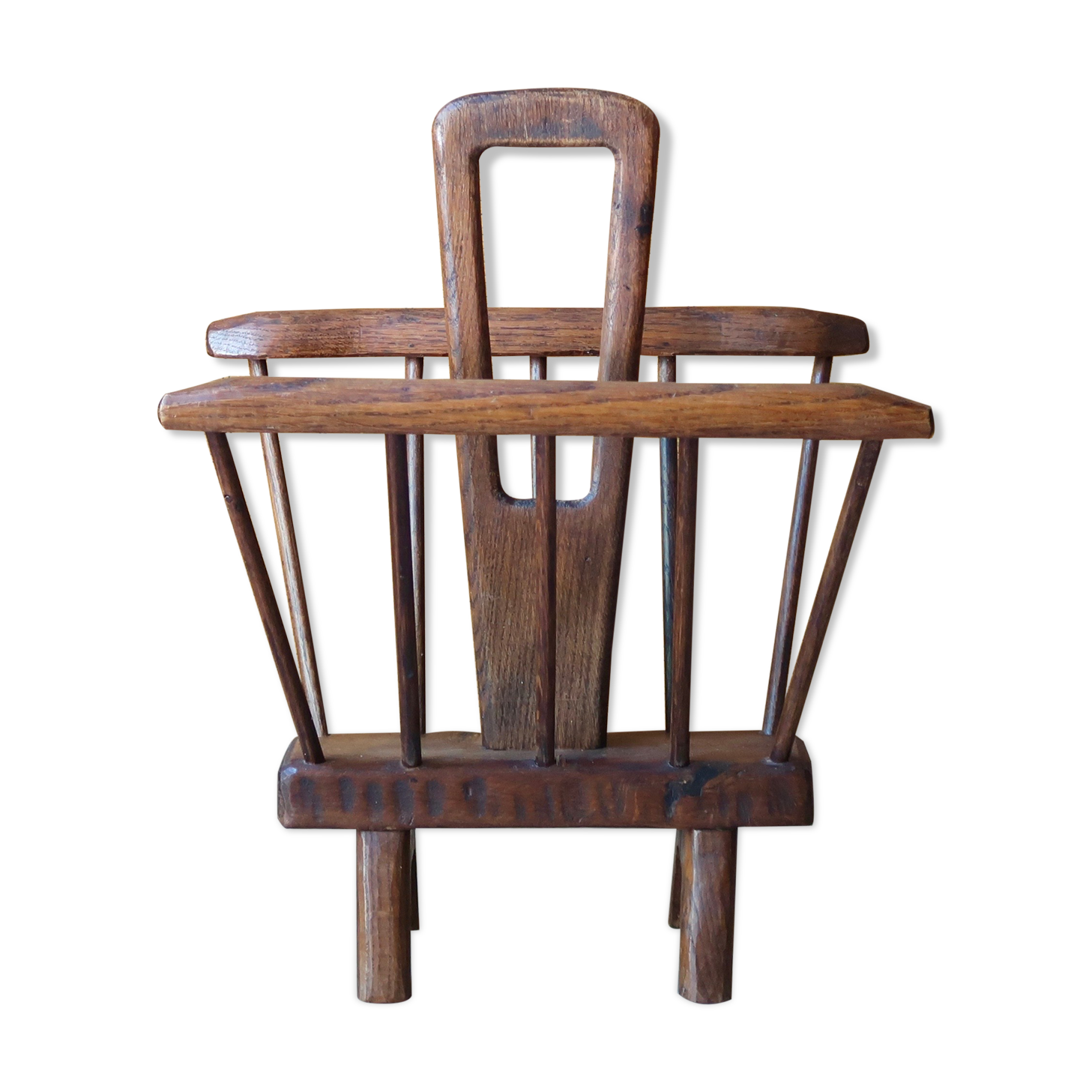 Brutalist wooden magazine holder, folk art, 50s