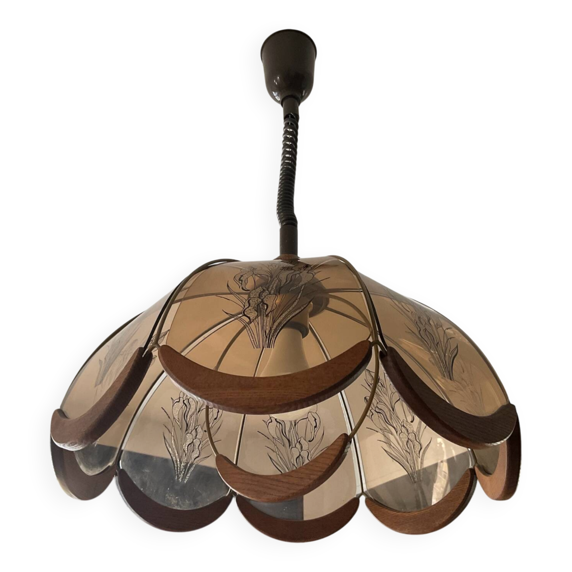 Scandinavian style glass and wood pendant light.